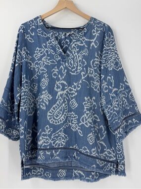John Mark Chambray Tencel Frayed 3/4 Sleeve Printed Top XL/1X Spring Summer